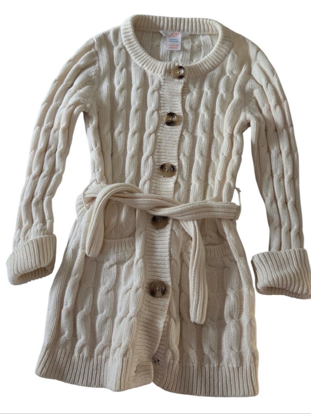 Joe Fresh Girls 4T Cream Cable Knit Belted Cardigan Sweater Coat 100% Cotton
